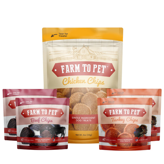 Puppy Packs 'N Snacks Dog Treat Starter Chips Farm To Pet Chicken 4oz + 2 Beef & 2 Turkey Snack Packs 